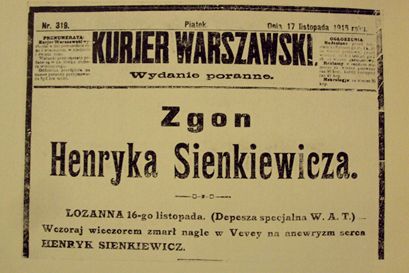 Strona Kuriera Warszawskiego z 1916 roku informująca o śmierci Henryka Sienkiewicza