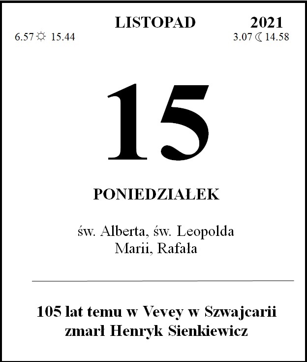 Karta z kalendarza z informacja o 105 rocznicy śmierci Henryka Sienkiewicza