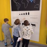 Chłopcy czytają plansze w Muzeum Mleka