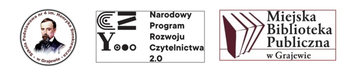 Logo SP 4 w Grajewie Narodowego Programu Rozowju Czytelnictwa 2.0 na lata 2021-2025 oraz Mieskiej Biblioteki Publicznej w Grajewie