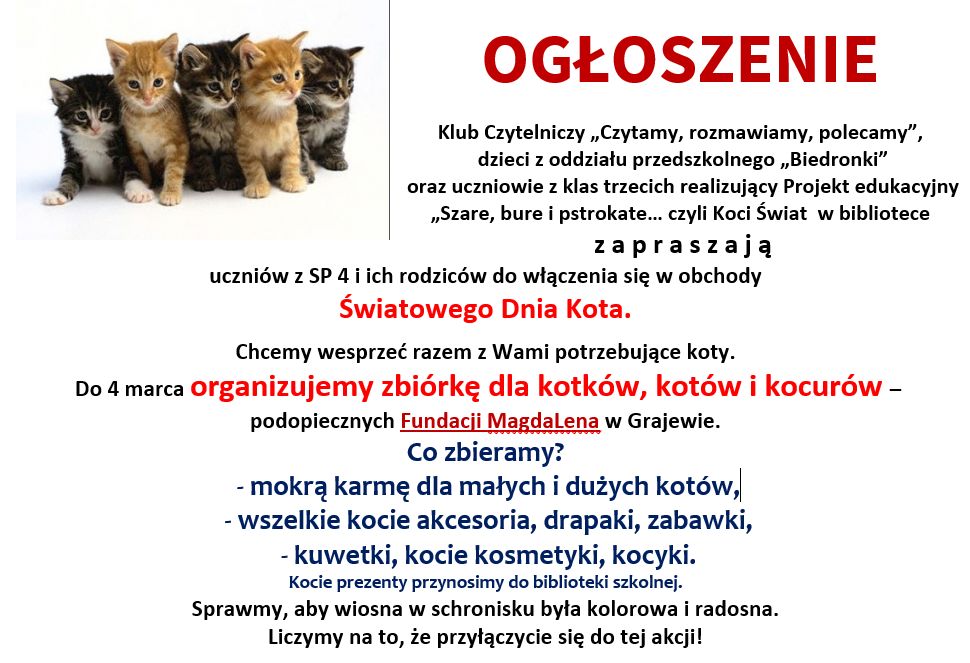Ogłoszenie o szkolnej zbiórce karmy i akcesoriów dla kotów. Podopiecznych Fundacji MagdaLena w Grajewie.