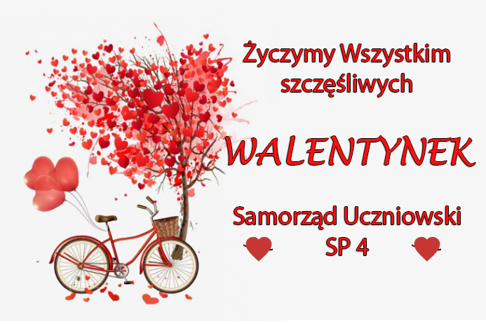 Kartka walentynkowa z życzeniami Samorządu Uczniowskiego SP 4