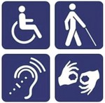 Deklaracja Dostępności osoba siedzi na wóżku inwalidzkim druga osoba niewidoma idzie o lasce, uch, dłonie symbolizujące język migowy