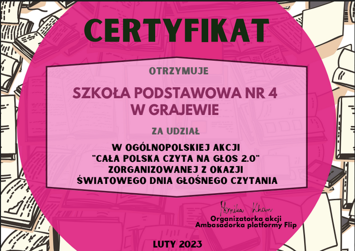 Klasa V b uczestniczyła w ogólnopolskiej akcji "Cała Polska czyta na głos" - certyfikat dla szkoły