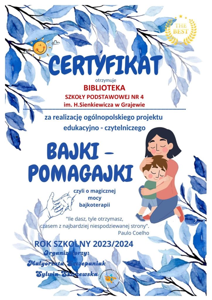 Certyfikat dla biblioteki za projekt Bajki pomagajki