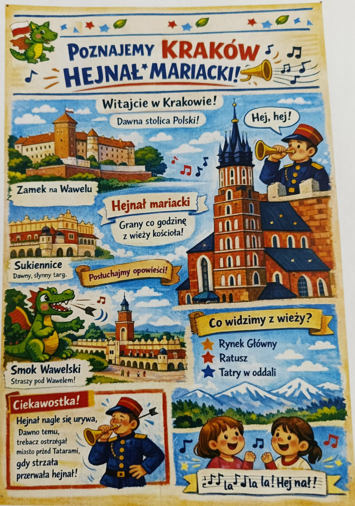 Zajęcia czytelnicze „Hejnał, który ostrzegał miasto” w grupie przedszkolnej „Pszczółki” z udziałem Koła Przyjaciół Biblioteki