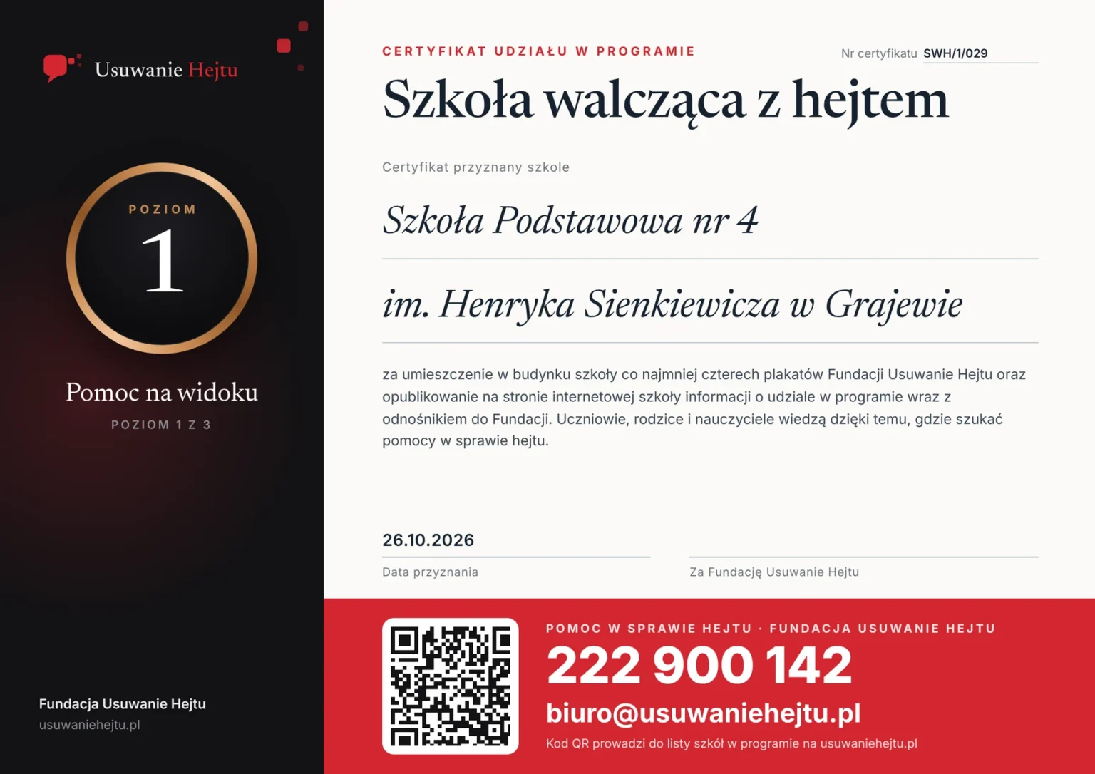 certyfikat - Szkoła walcząca z hejtem"